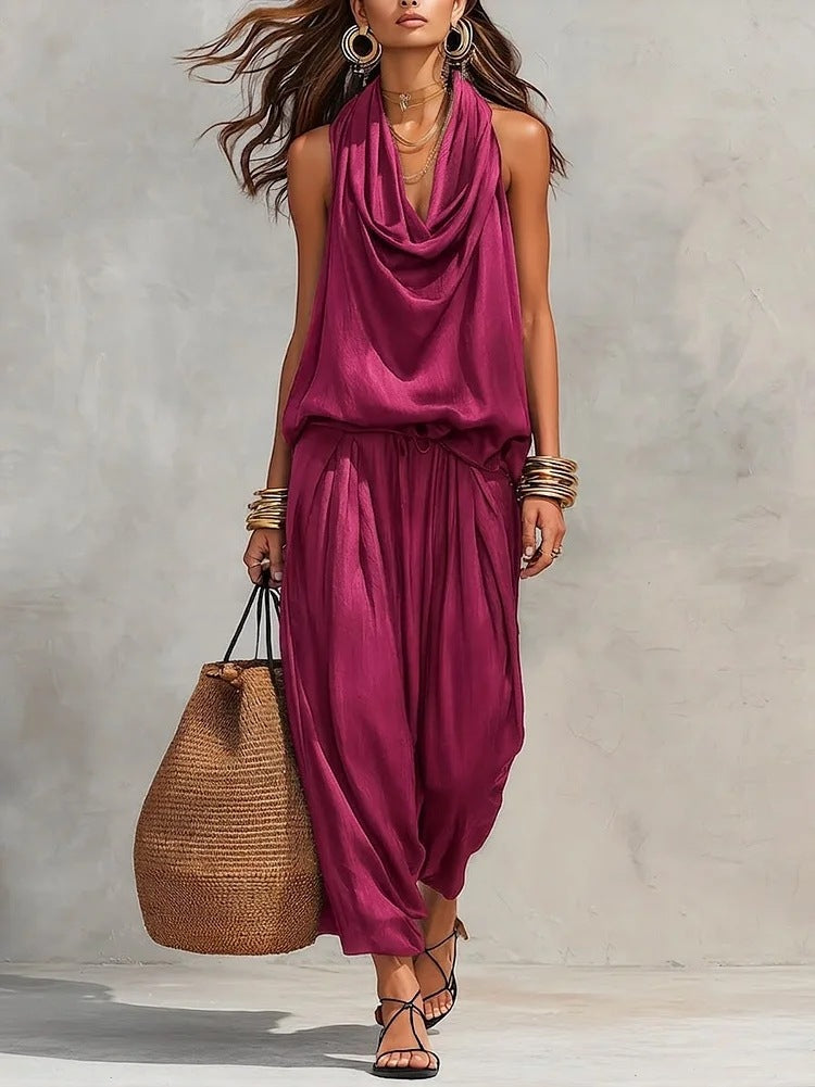 Qyraxa - Elegant Two-Piece Women's Set in Fluid Polyester for Summer Evenings