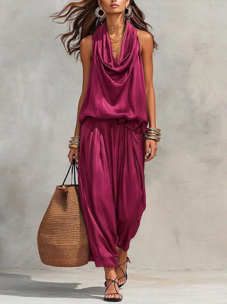 Qyraxa - Elegant Two-Piece Women's Set in Fluid Polyester for Summer Evenings
