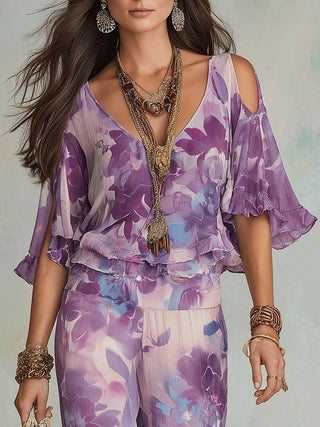 Brynora - Women's Two-Piece Floral V-Neck Top and Flared Ruffle Pants