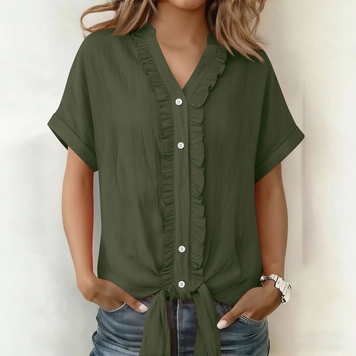 Kalyxa Women's Summer V-Neck Short Sleeve Knotted Cotton Shirt