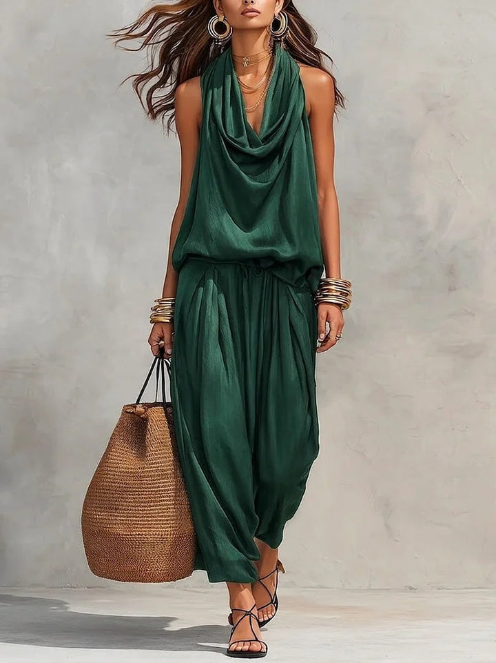 Qyraxa - Elegant Two-Piece Women's Set in Fluid Polyester for Summer Evenings