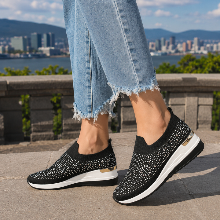 Azelisse - Women's Rhinestone-Embellished Slip-On Sneakers with Platform Sole