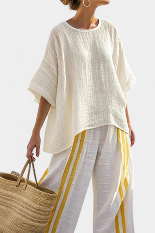Anselor | Elegant Yellow Striped Linen Top & Wide-Leg Pants