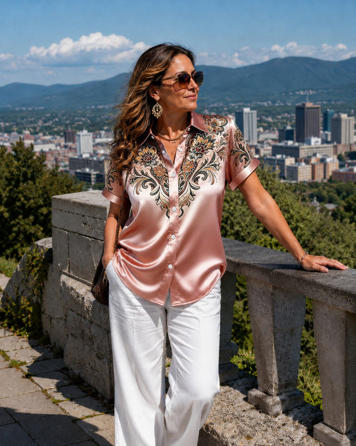 Quinessa - Women's Floral Print Satin Button-Up Shirt