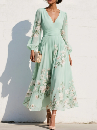 Maxi Pleated Dress in Mint Green with Floral Print for Women