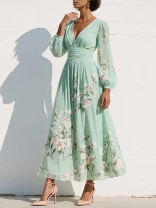 Maxi Pleated Dress in Mint Green with Floral Print for Women