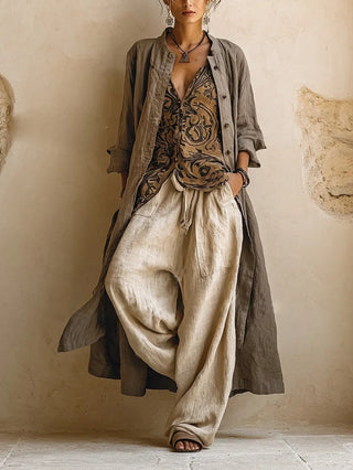 Ravelyn - Women's 3-Piece Linen Cotton Set Top Cardigan Wide Pants