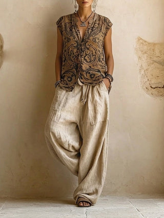 Ravelyn - Women's 3-Piece Linen Cotton Set Top Cardigan Wide Pants