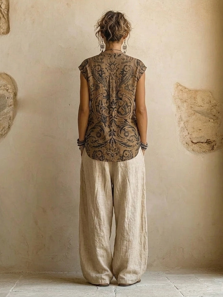 Ravelyn - Women's 3-Piece Linen Cotton Set Top Cardigan Wide Pants