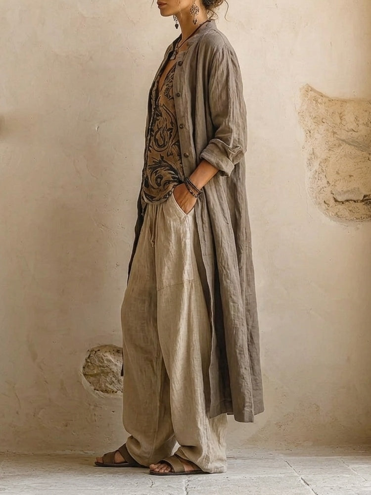 Ravelyn - Women's 3-Piece Linen Cotton Set Top Cardigan Wide Pants