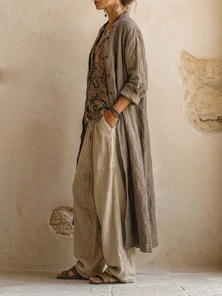 Ravelyn - Women's 3-Piece Linen Cotton Set Top Cardigan Wide Pants