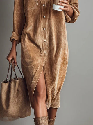 Jessy - Loose Corduroy Double Chest Pocket Breasted Midi Dress
