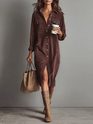 Jessy - Loose Corduroy Double Chest Pocket Breasted Midi Dress