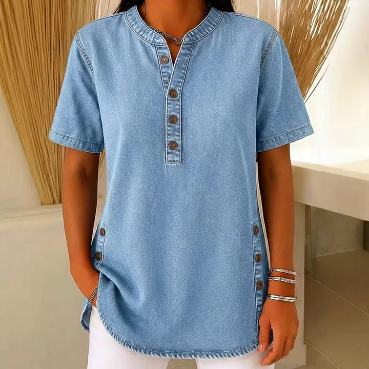 Kynessa - Women's Short Sleeve V-Neck Lightweight Denim Tunic
