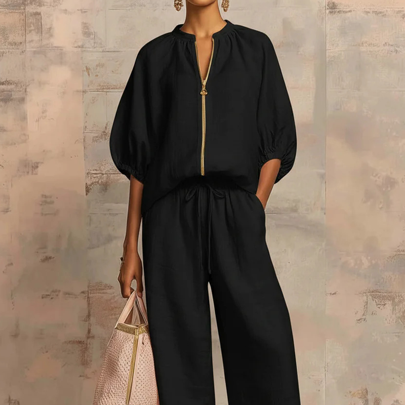Calyndra - Women's Two-Piece Solid Outfit with Zipped Top and Wide Pants