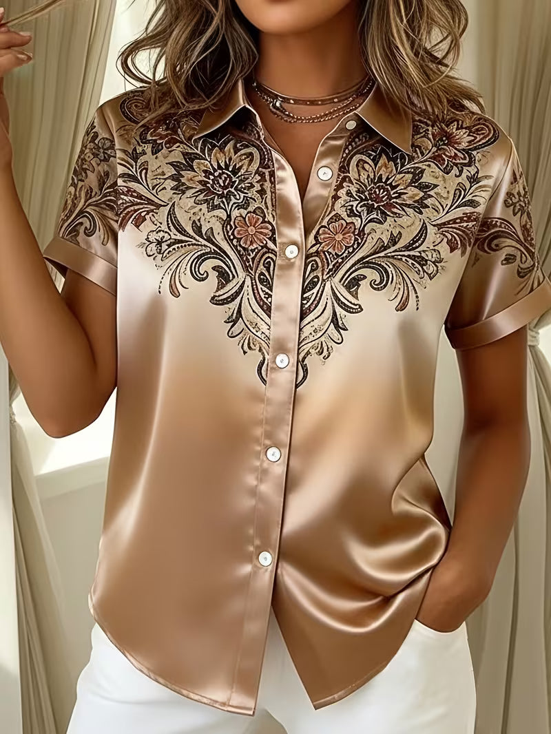 Quinessa - Women's Floral Print Satin Button-Up Shirt