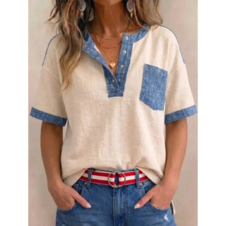 Tivellea - Women's V-Neck Cotton Top with Denim Accents