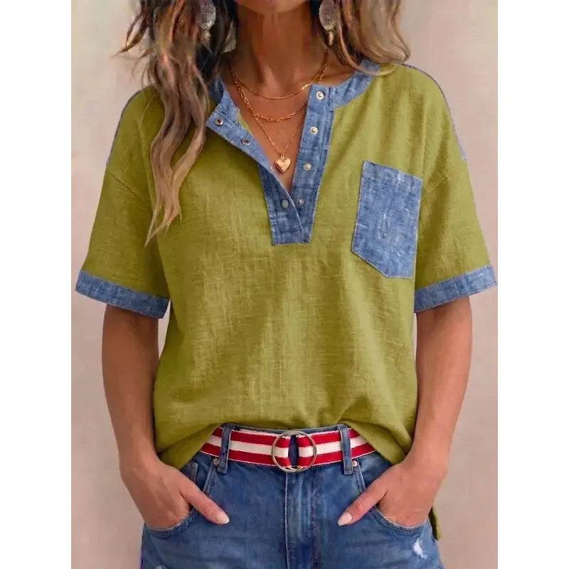 Tivellea - Women's V-Neck Cotton Top with Denim Accents