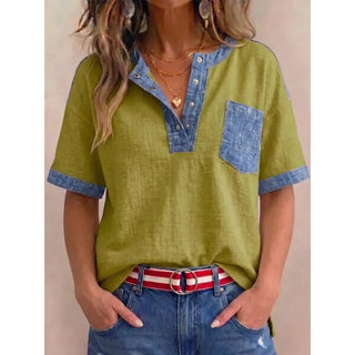 Tivellea - Women's V-Neck Cotton Top with Denim Accents