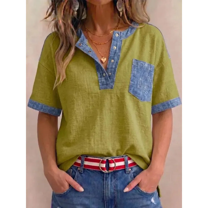 Tivellea - Women's V-Neck Cotton Top with Denim Accents