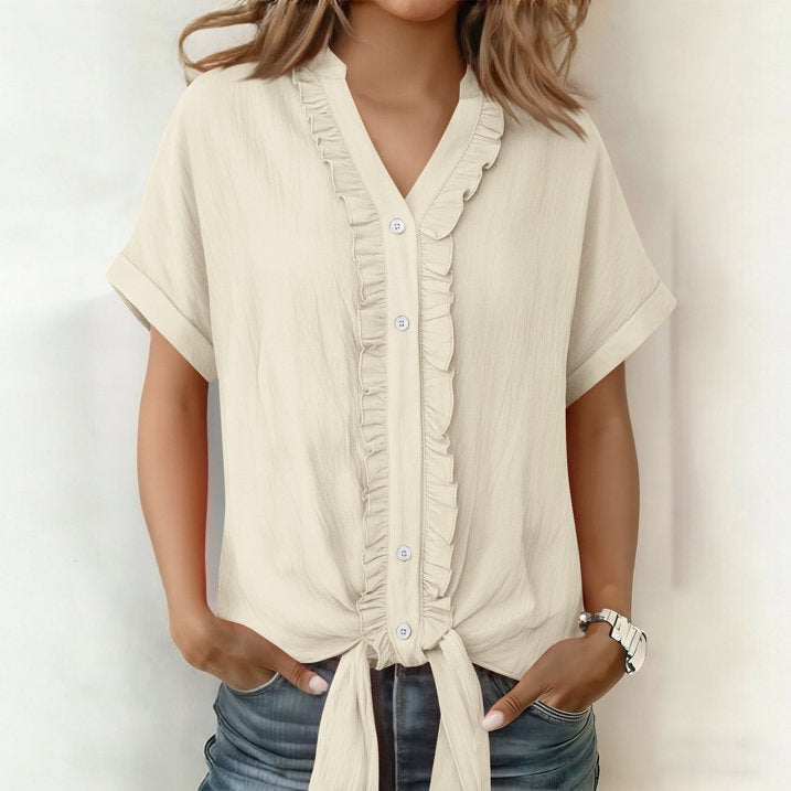 Kalyxa Women's Summer V-Neck Short Sleeve Knotted Cotton Shirt