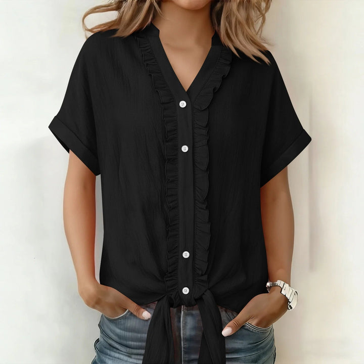 Kalyxa Women's Summer V-Neck Short Sleeve Knotted Cotton Shirt