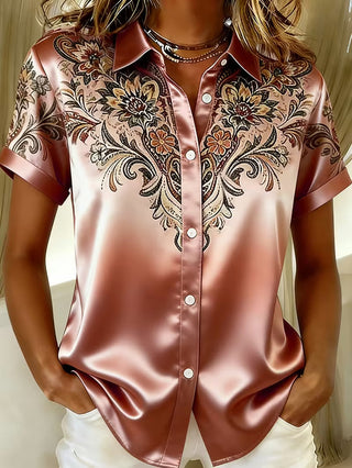 Quinessa - Women's Floral Print Satin Button-Up Shirt