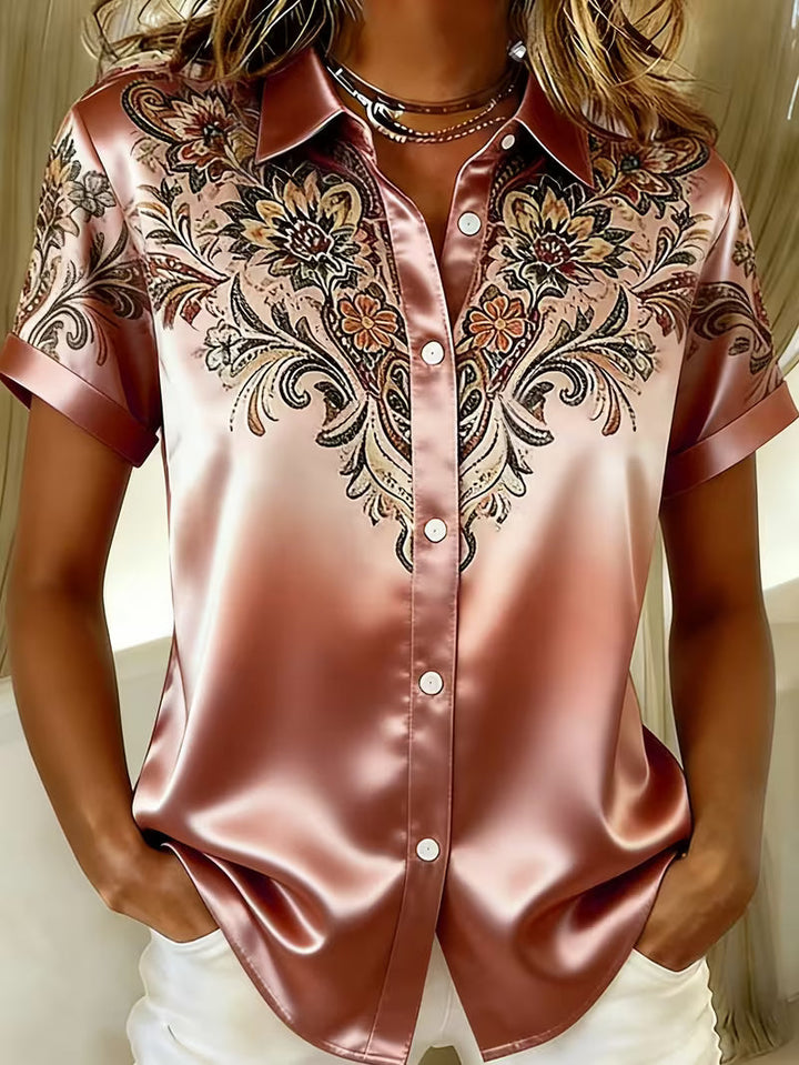 Quinessa - Women's Floral Print Satin Button-Up Shirt