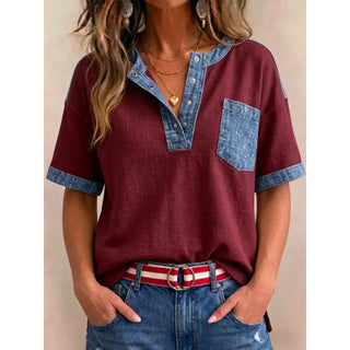 Tivellea - Women's V-Neck Cotton Top with Denim Accents