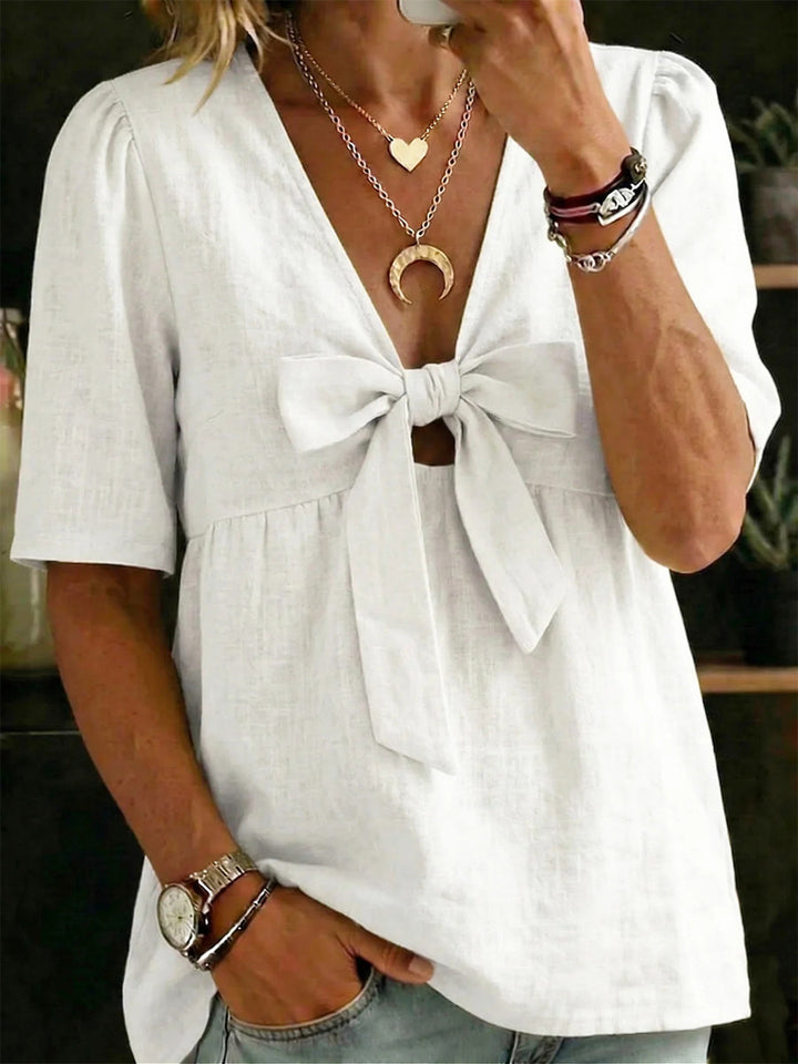 Avenya - Women's V-Neck Cotton and Linen Knot Shirt