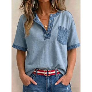 Tivellea - Women's V-Neck Cotton Top with Denim Accents