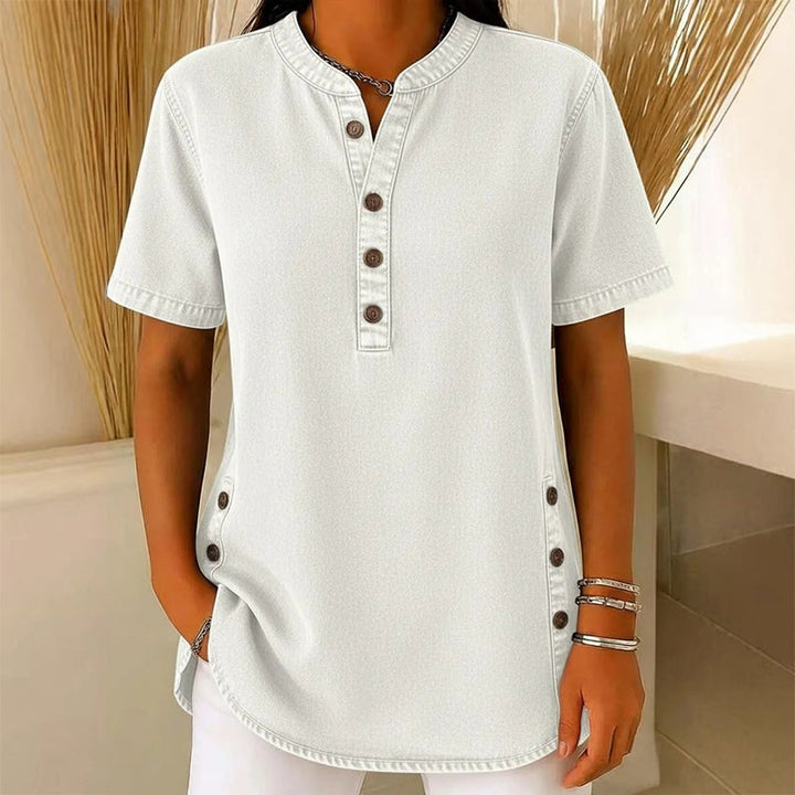 Kynessa - Women's Short Sleeve V-Neck Lightweight Denim Tunic