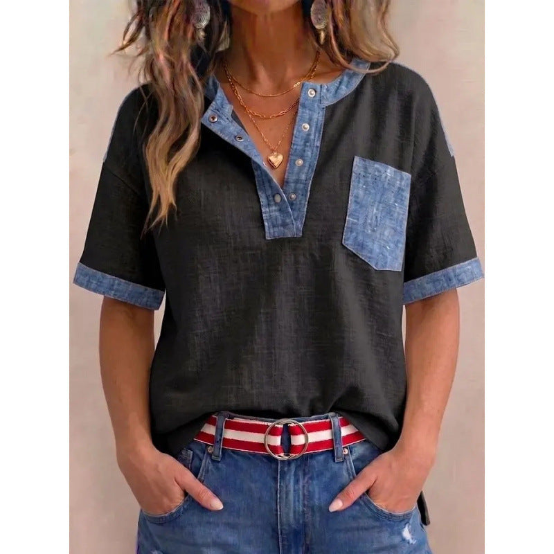 Tivellea - Women's V-Neck Cotton Top with Denim Accents