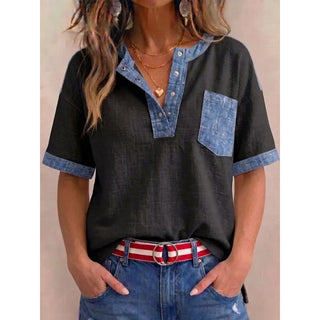 Tivellea - Women's V-Neck Cotton Top with Denim Accents
