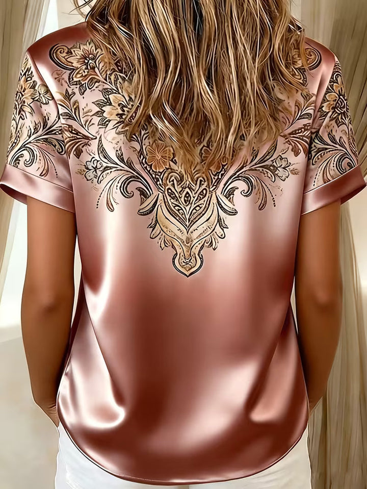 Quinessa - Women's Floral Print Satin Button-Up Shirt