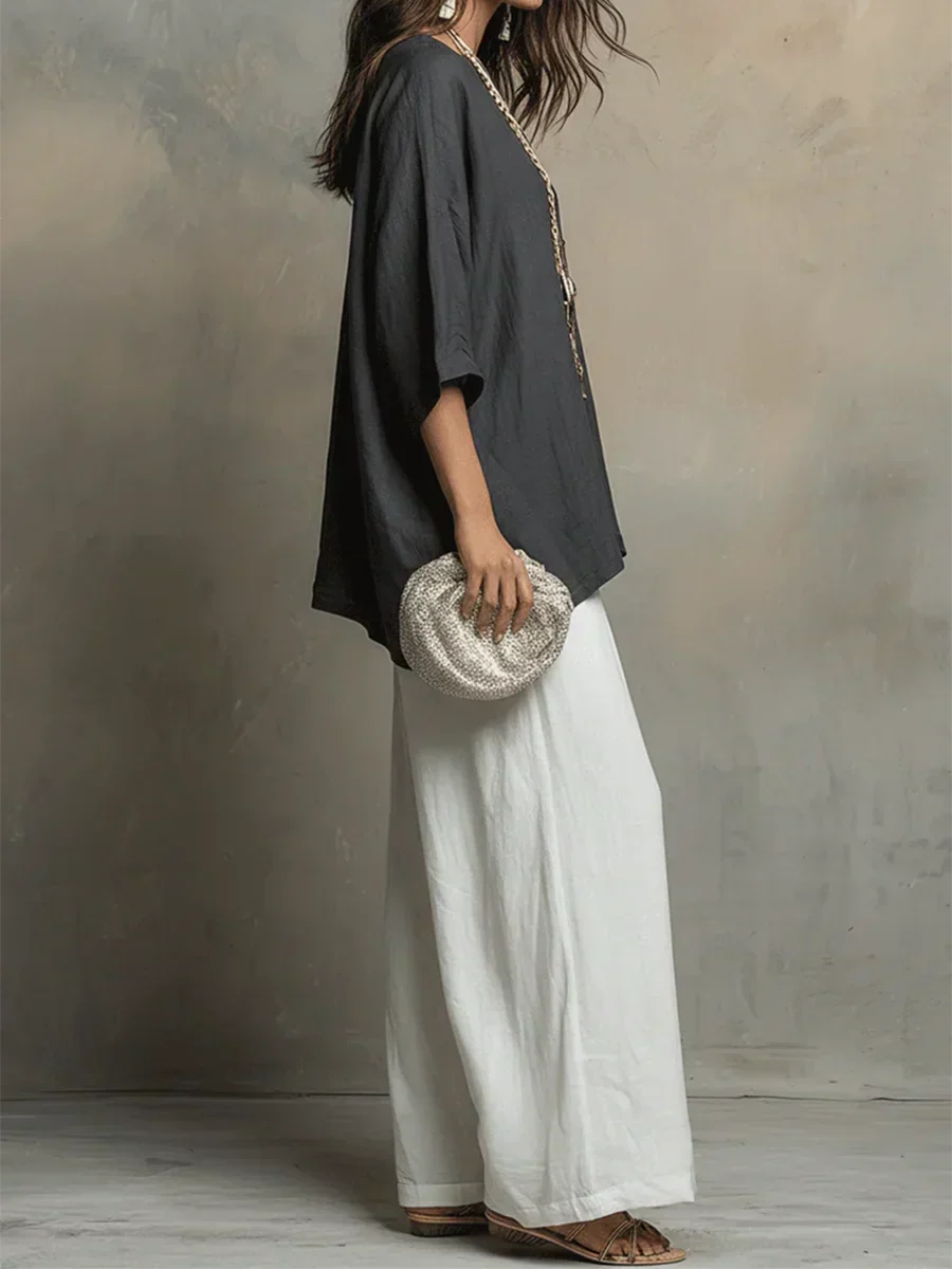 Tyvella - Women's Linen Two-Piece Set Loose Fit Fluid Pants
