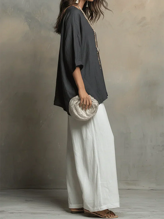 Tyvella - Women's Linen Two-Piece Set Loose Fit Fluid Pants