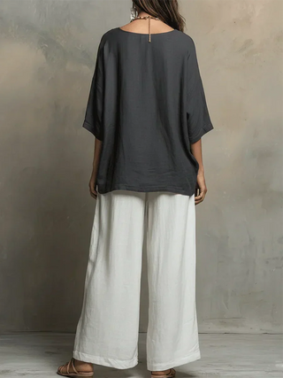 Tyvella - Women's Linen Two-Piece Set Loose Fit Fluid Pants