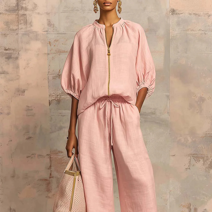 Calyndra - Women's Two-Piece Solid Outfit with Zipped Top and Wide Pants