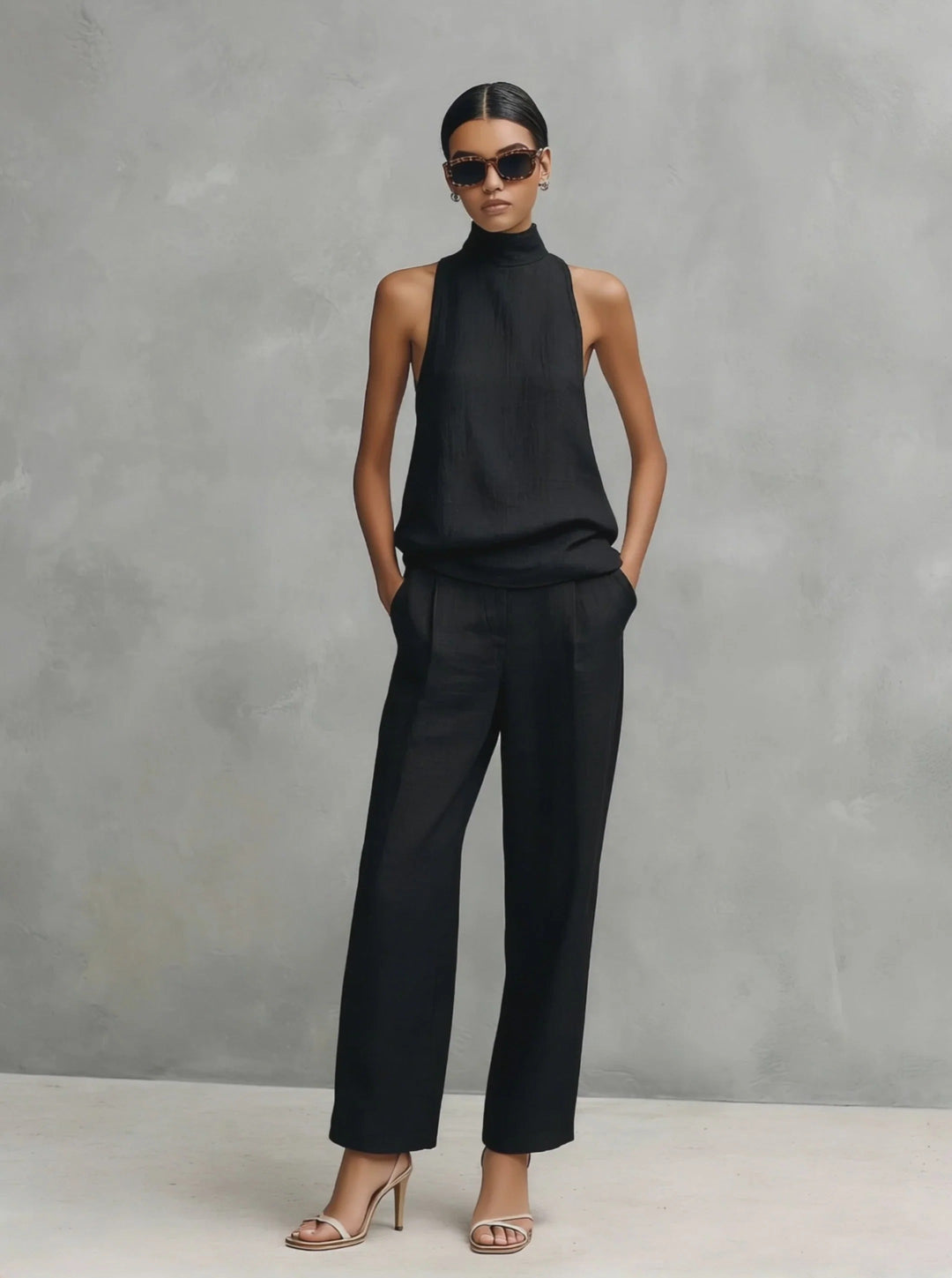 Elowira - Women's Black Linen and Cotton Set with High Neck
