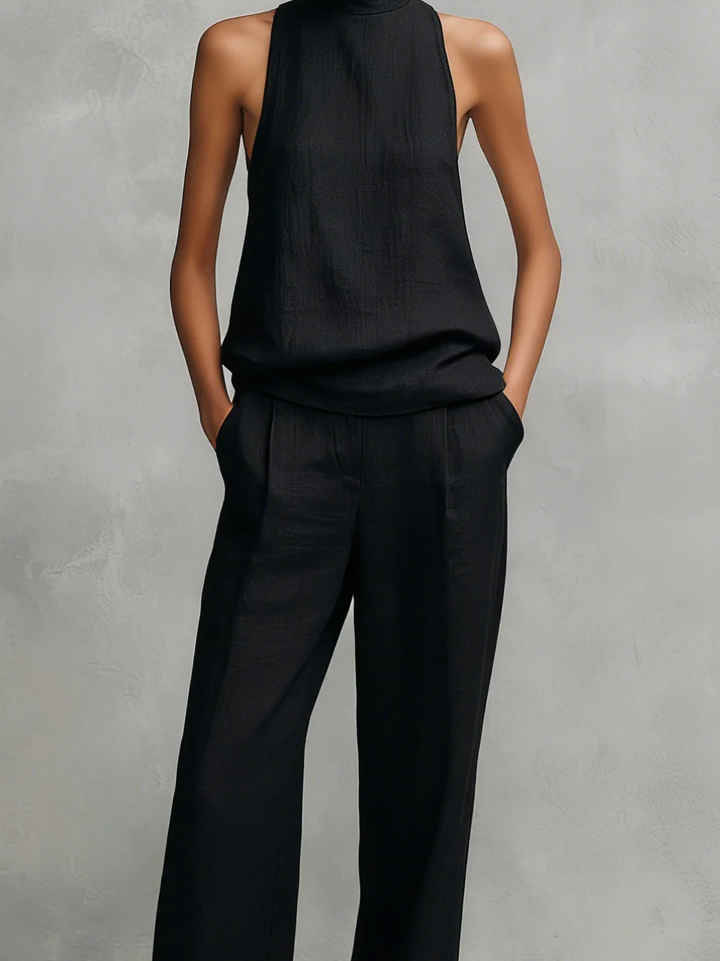 Elowira - Women's Black Linen and Cotton Set with High Neck