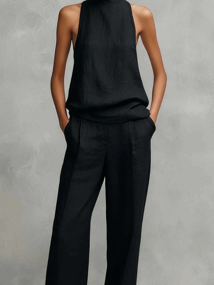 Elowira - Women's Black Linen and Cotton Set with High Neck