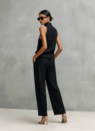 Elowira - Women's Black Linen and Cotton Set with High Neck
