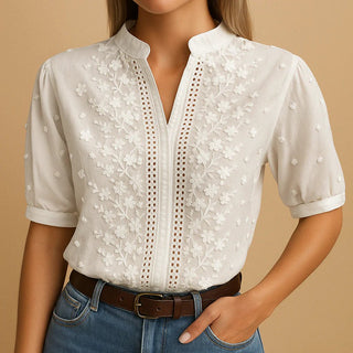 Tylarisse - Chic White Women's Blouse Featuring Exquisite Floral Embroidery