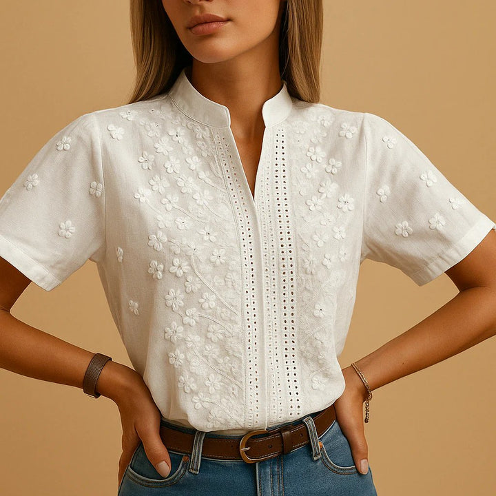 Tylarisse - Chic White Women's Blouse Featuring Exquisite Floral Embroidery