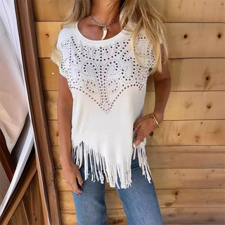 Celeste - Women's Printed T-Shirt with Fringe Detail