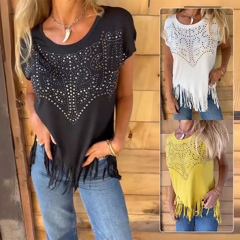 Celeste - Women's Printed T-Shirt with Fringe Detail