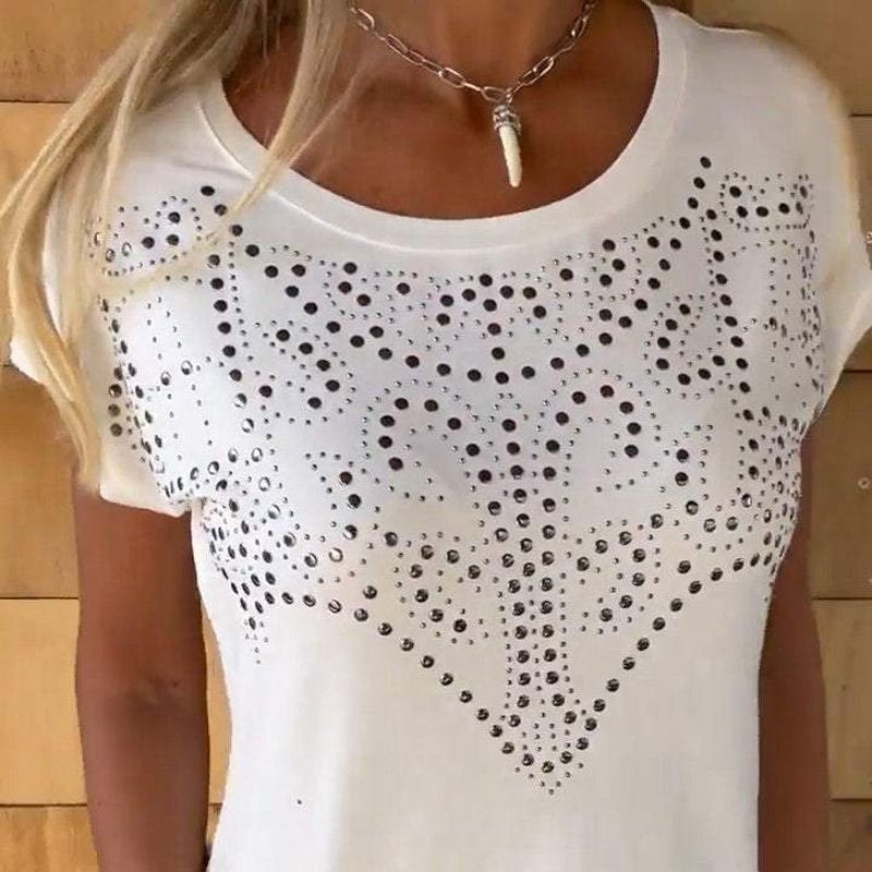 Celeste - Women's Printed T-Shirt with Fringe Detail