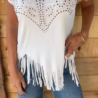 Celeste - Women's Printed T-Shirt with Fringe Detail