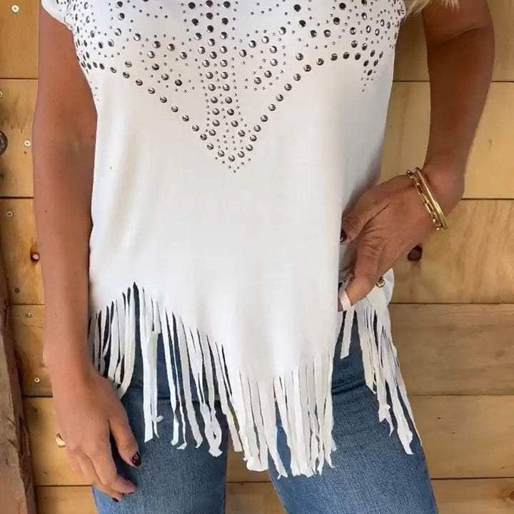 Celeste - Women's Printed T-Shirt with Fringe Detail